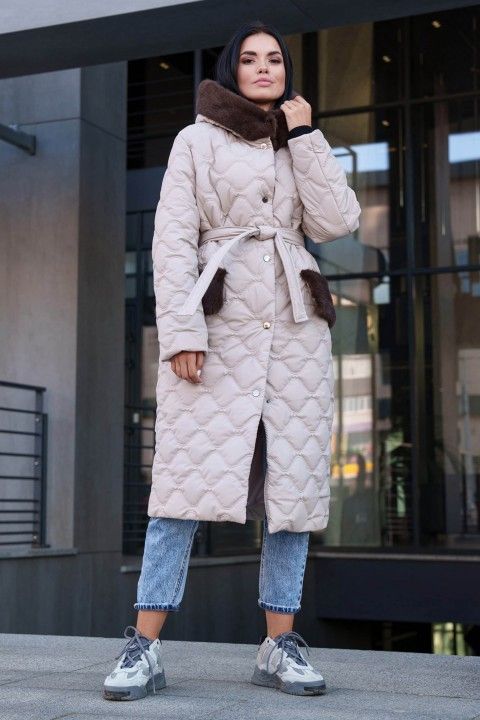 Жіноче Зимове Пальто з Капюшоном та Опушкою Бежеве S-M, L-XL