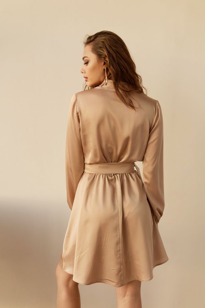 Шелковое Нарядное Платье Короткое с Пышной Юбкой Коричневое S-M, L-XL 61813 фото