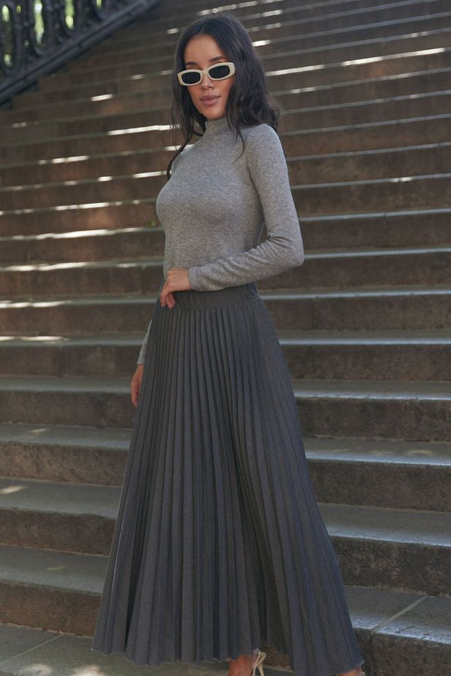 Коричнева Плиссированная Юбка Длинная Модная S-M, L-XL, 2XL-3XL 6571 фото