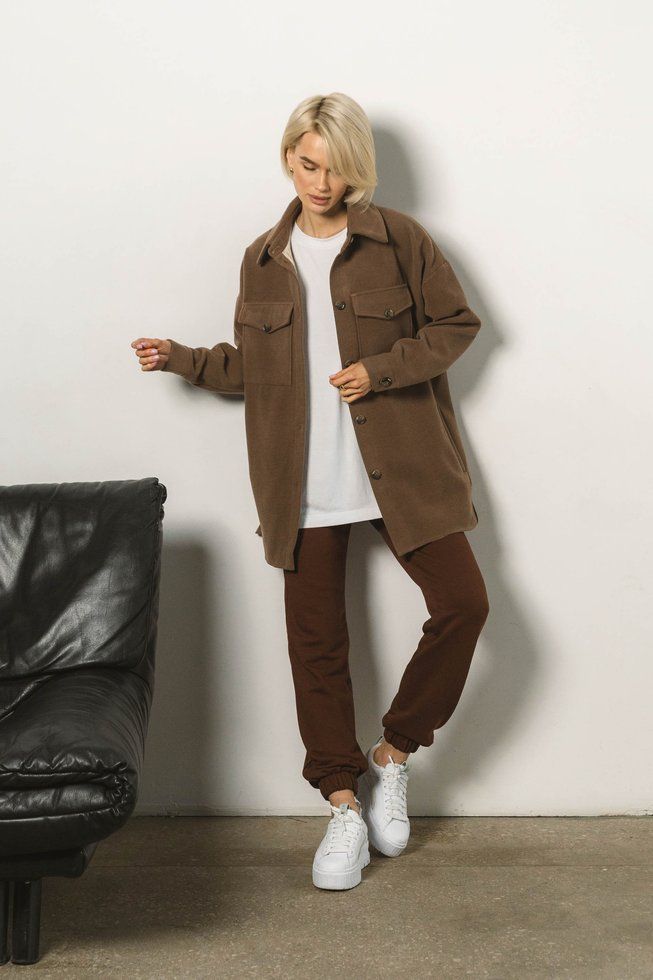 Жіноче Коротке Пальто Сорочка з Кашеміру Коричневе S-M, L-XL 6167 фото