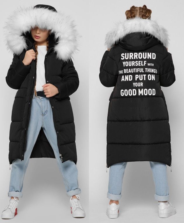 Удлинённая Куртка для Девочек Подростковая на Зиму с Надписью на Спине Черная Р. 28, 30, 32