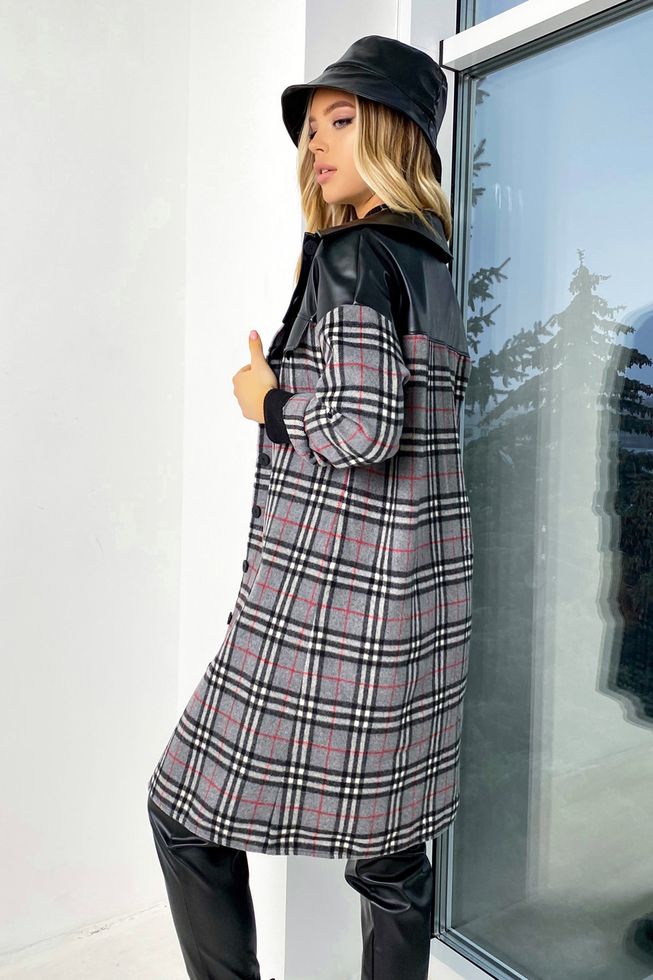 Теплое Платье-Рубашка в Клетку из Кашемира Серое под Пояс р.L-XL