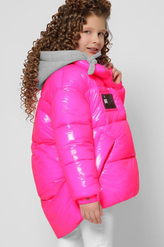 Зимняя Дутая Куртка на Экопухе для Девочки Лаковая с Манишкой Розовая Р. 28, 30, 32