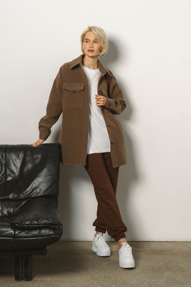 Женское Короткое Пальто Рубашка из Кашемира Коричневое S-M, L-XL