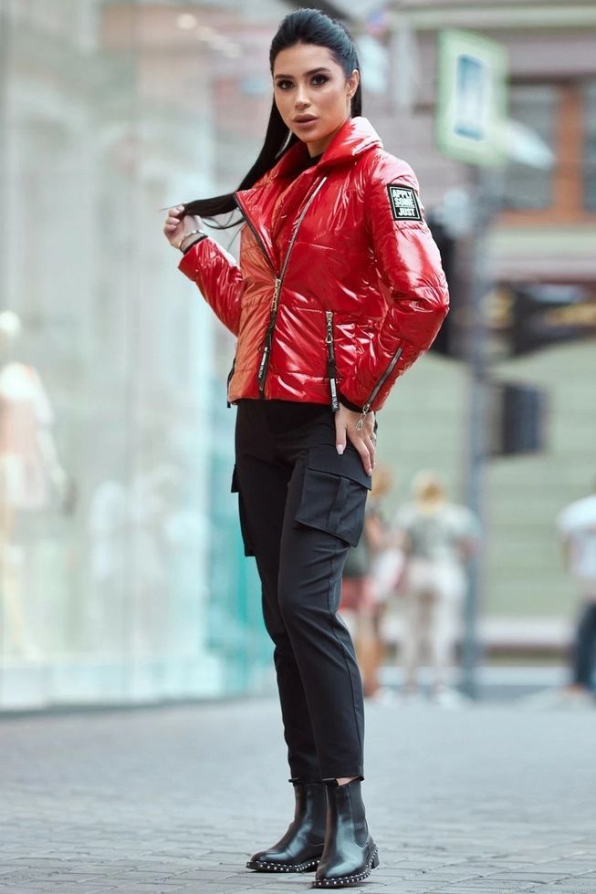 МегаСтильная Куртка-Косуха Лакова на Синтепухе Червона S, M, L, XL