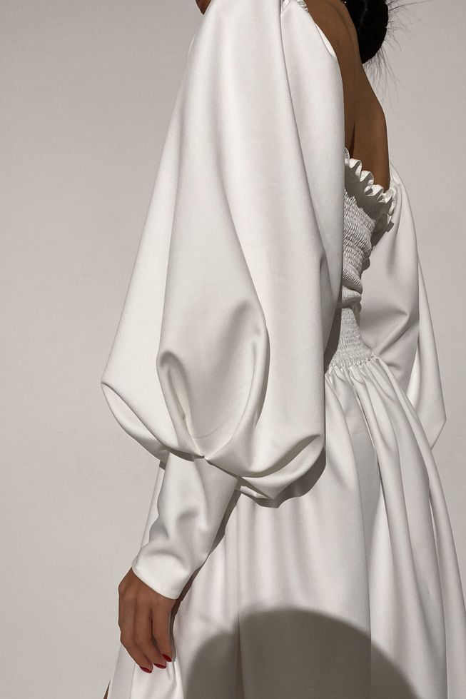Белое Вечернее Платье в Пол с Открытыми Плечами и Разрезом р.S-M, L-XL