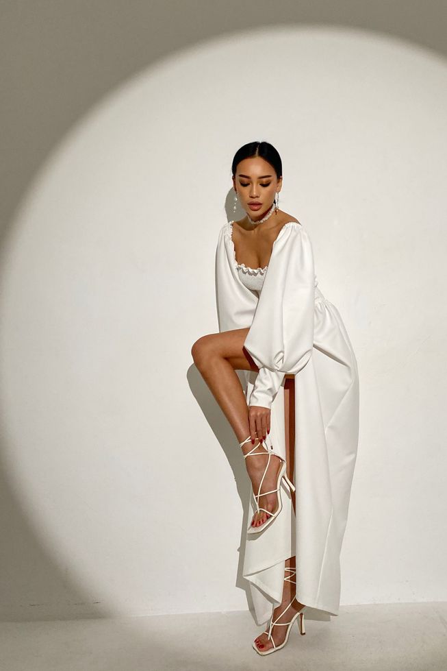 Белое Вечернее Платье в Пол с Открытыми Плечами и Разрезом р.S-M, L-XL