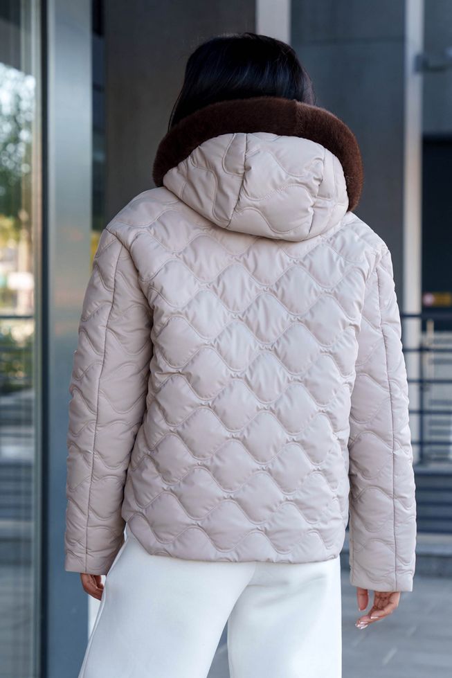 Коротка Жіноча Зимова Куртка з Хутряним Капюшоном Мокко S-M, L-XL