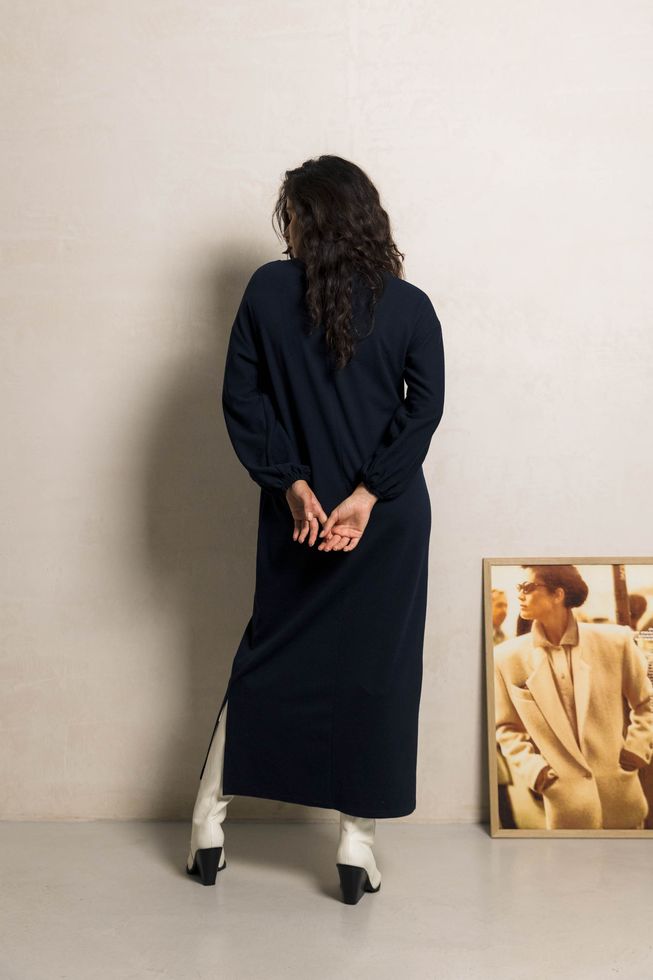 Длинное Прямое Платье на Осень с Разрезами Синее S-M, L-XL, 2XL-3XL
