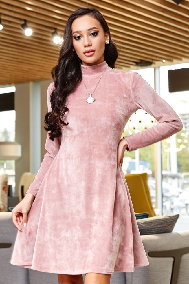 Велюровое Расклешенное Платье под Горло Розовое S, M, L, XL