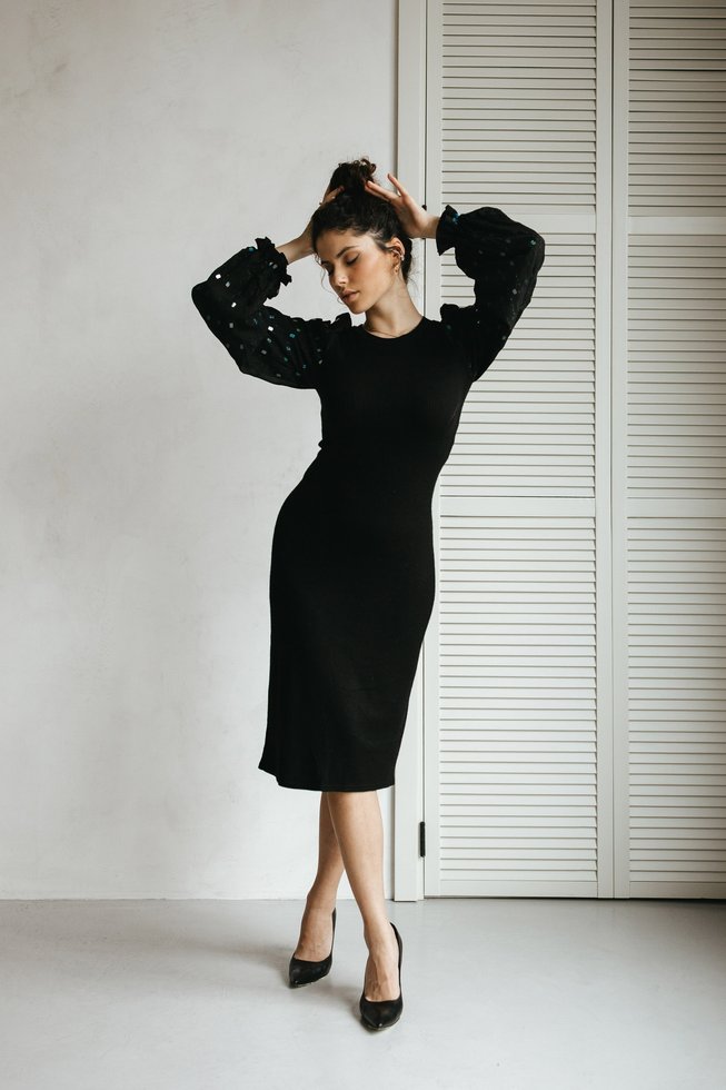 Черное Нарядное Платье из Ангоры с Пышными Рукавами S-M, L-XL, L-XL