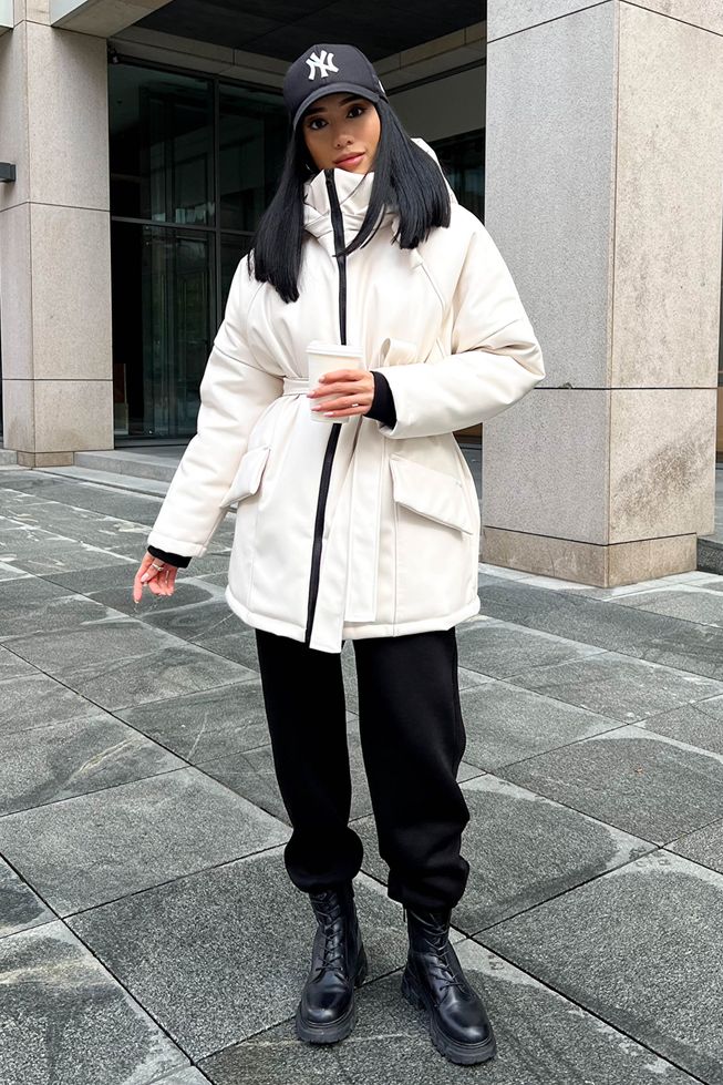 Теплая Зимняя Куртка из Экокожи Женская с Капюшоном Белая р.S-M, L-XL, L-XL