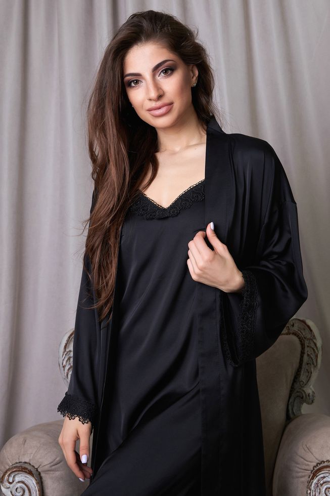 Шелковый Набор Ночная Рубашка и Пеньюар Черный S, M, L, XL