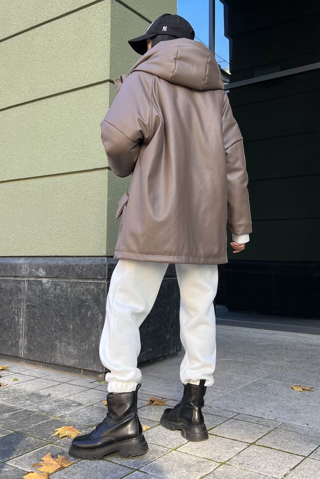 Теплая Зимняя Куртка из Экокожи Женская с Капюшоном Черная р.S-M, L-XL, L-XL