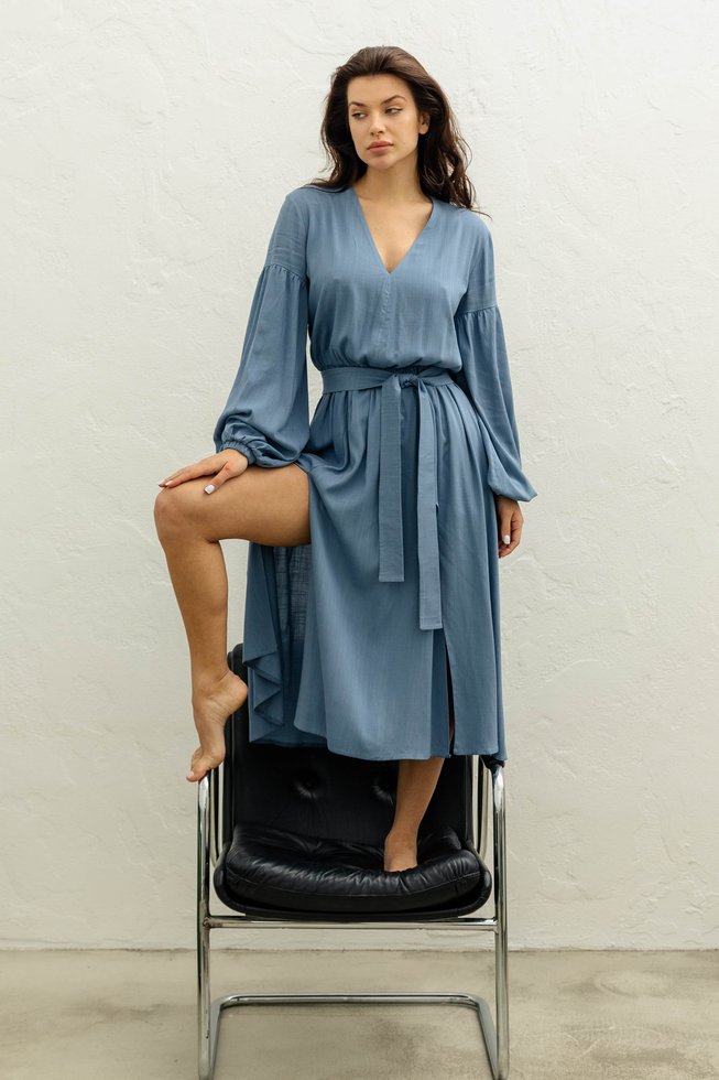 Романтична Сукня Міді з пишними рукавами та розрізами Блакитна S-M, L-XL, 2XL-3XL